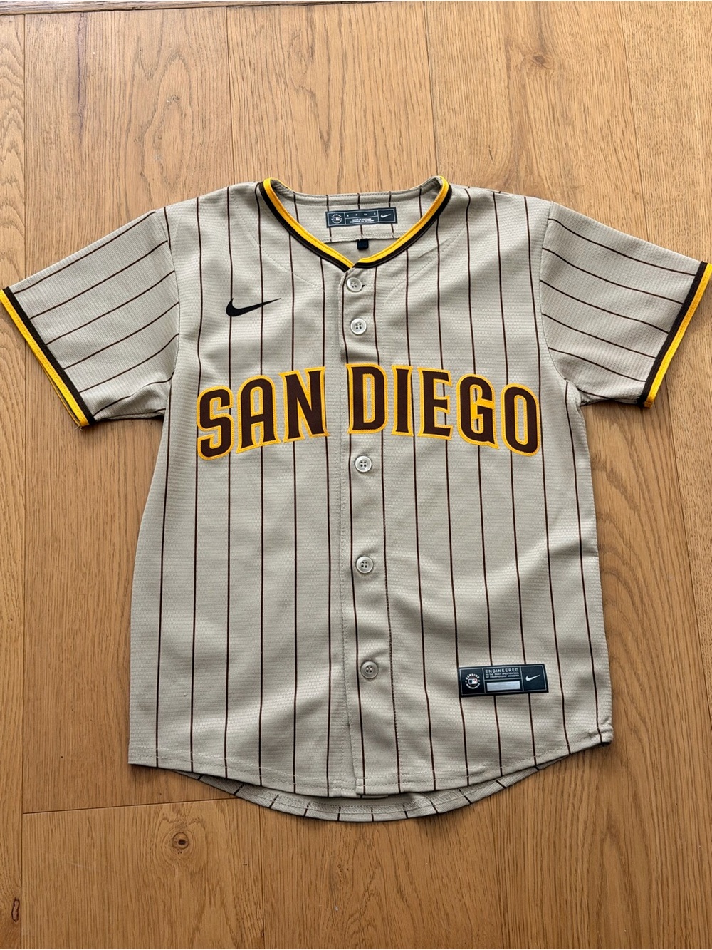Nike Kids Beige Pinstripe "San Diego" Baseball Jersey with Yellow Trim